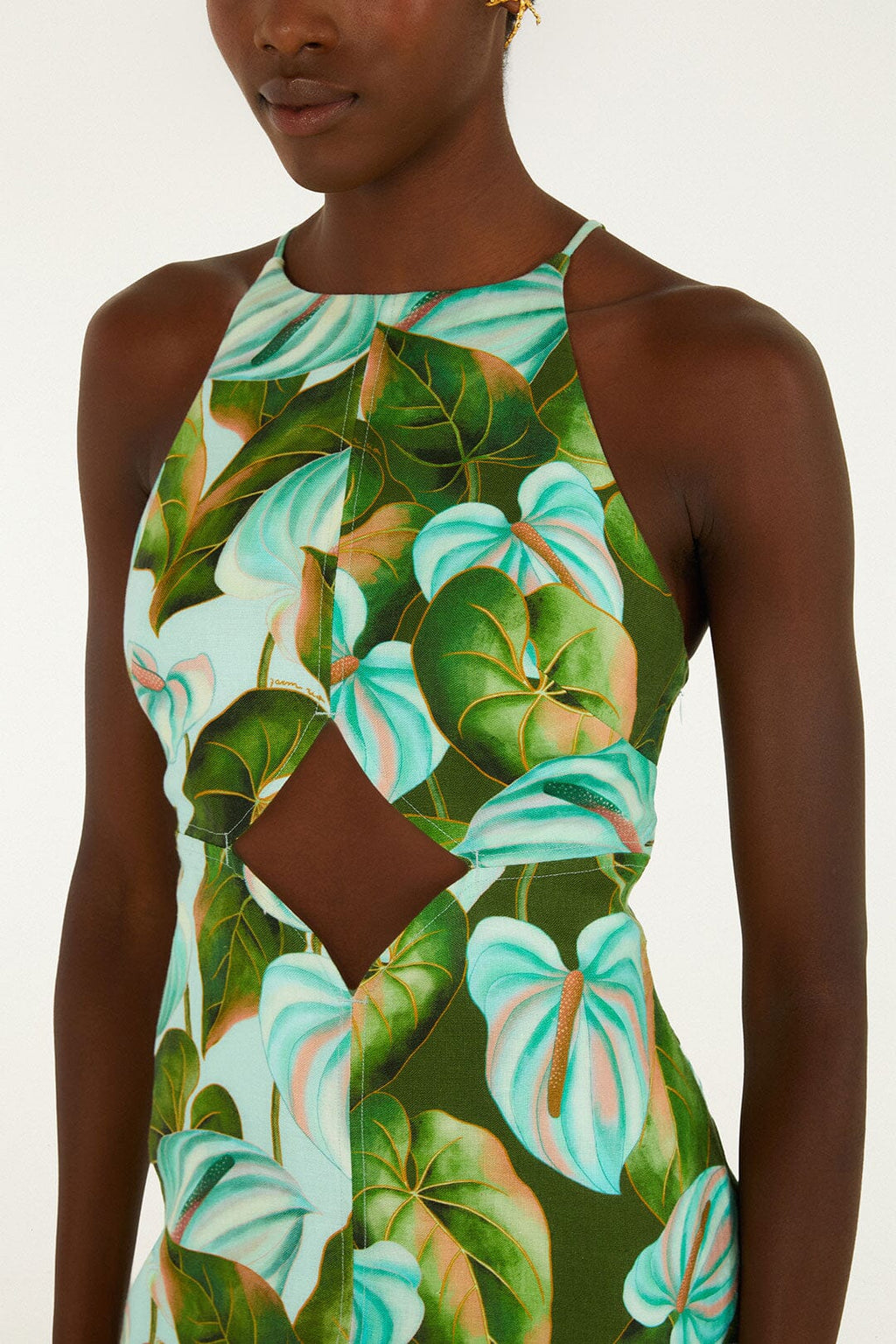 Grünes Anthurium-Blätter Cut-Out Midikleid
