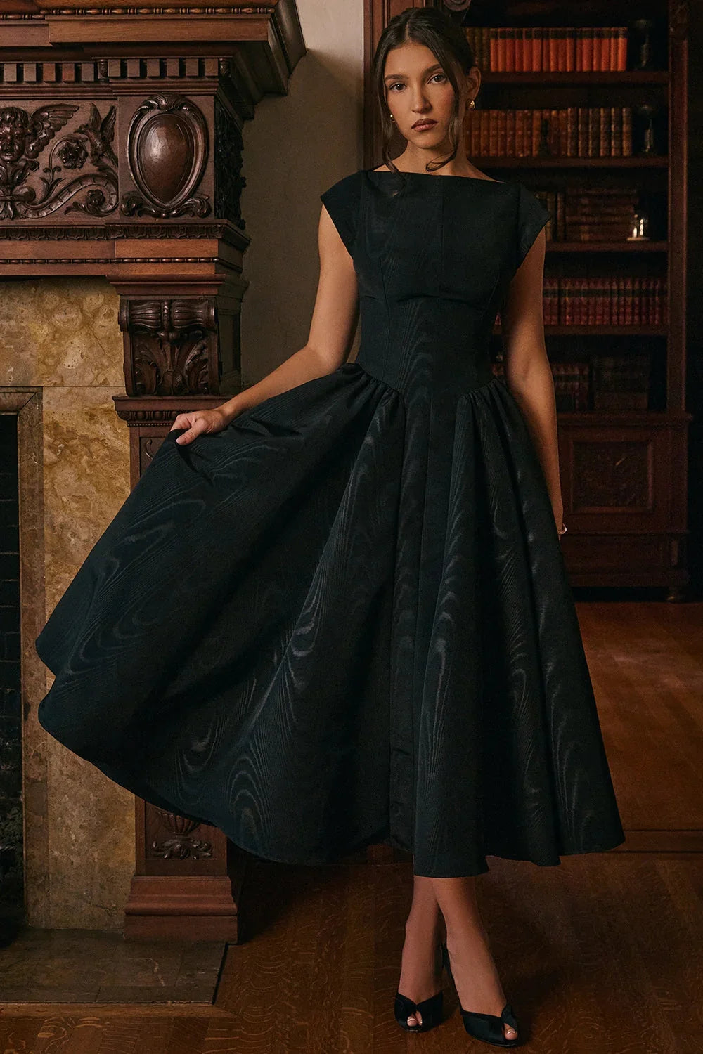 black moire satin backless midi dress