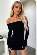 Aaliyah schulterfreies Mini-Strickkleid – Schwarz
