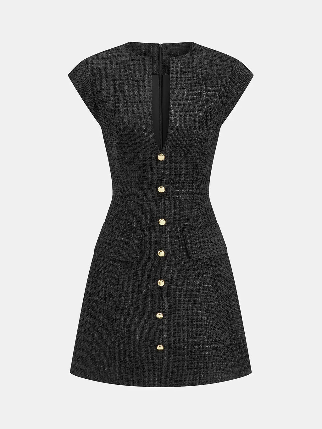 Tweed-Minikleid ohne Ärmel mit Metallknöpfen