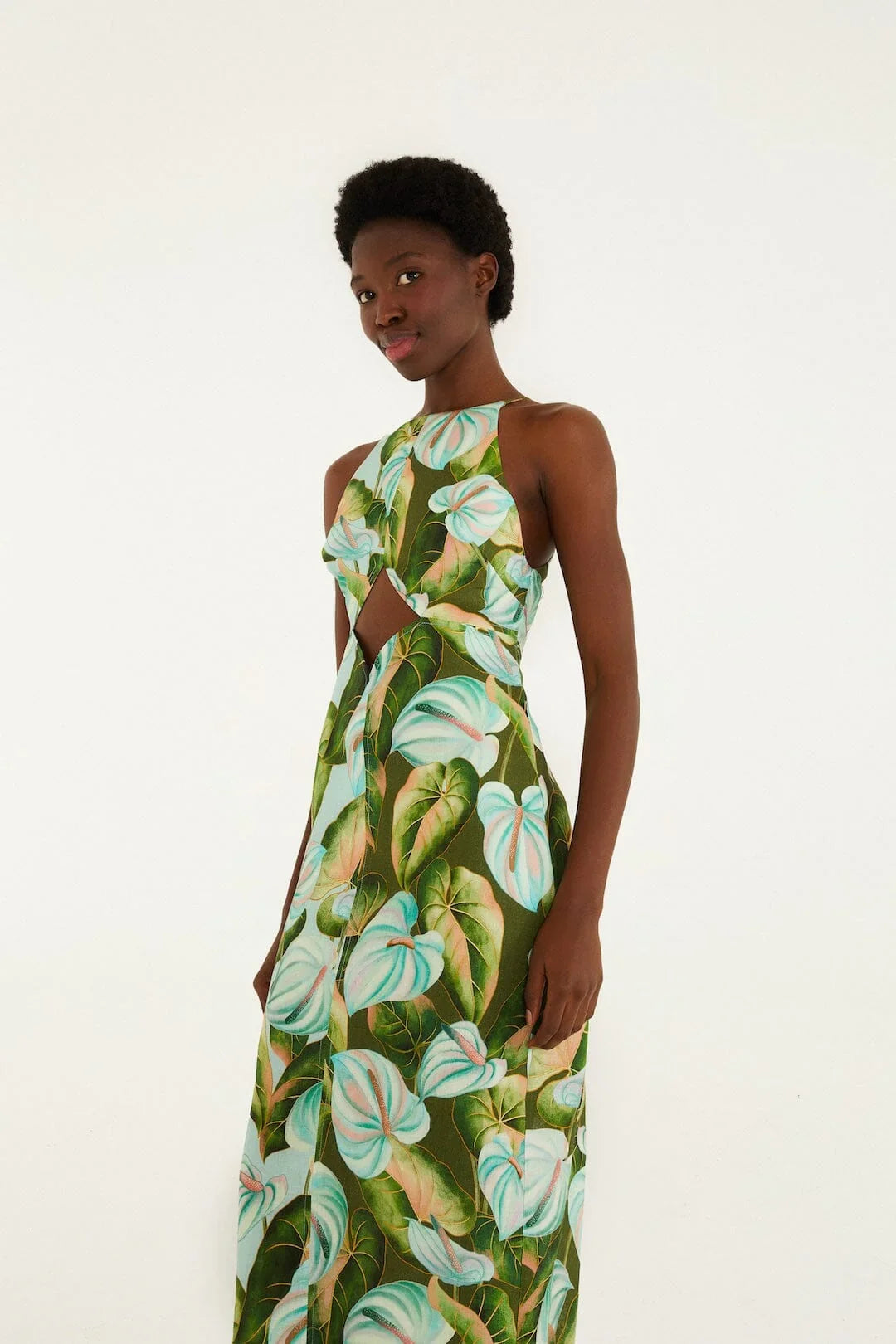Grünes Anthurium-Blätter Cut-Out Midikleid