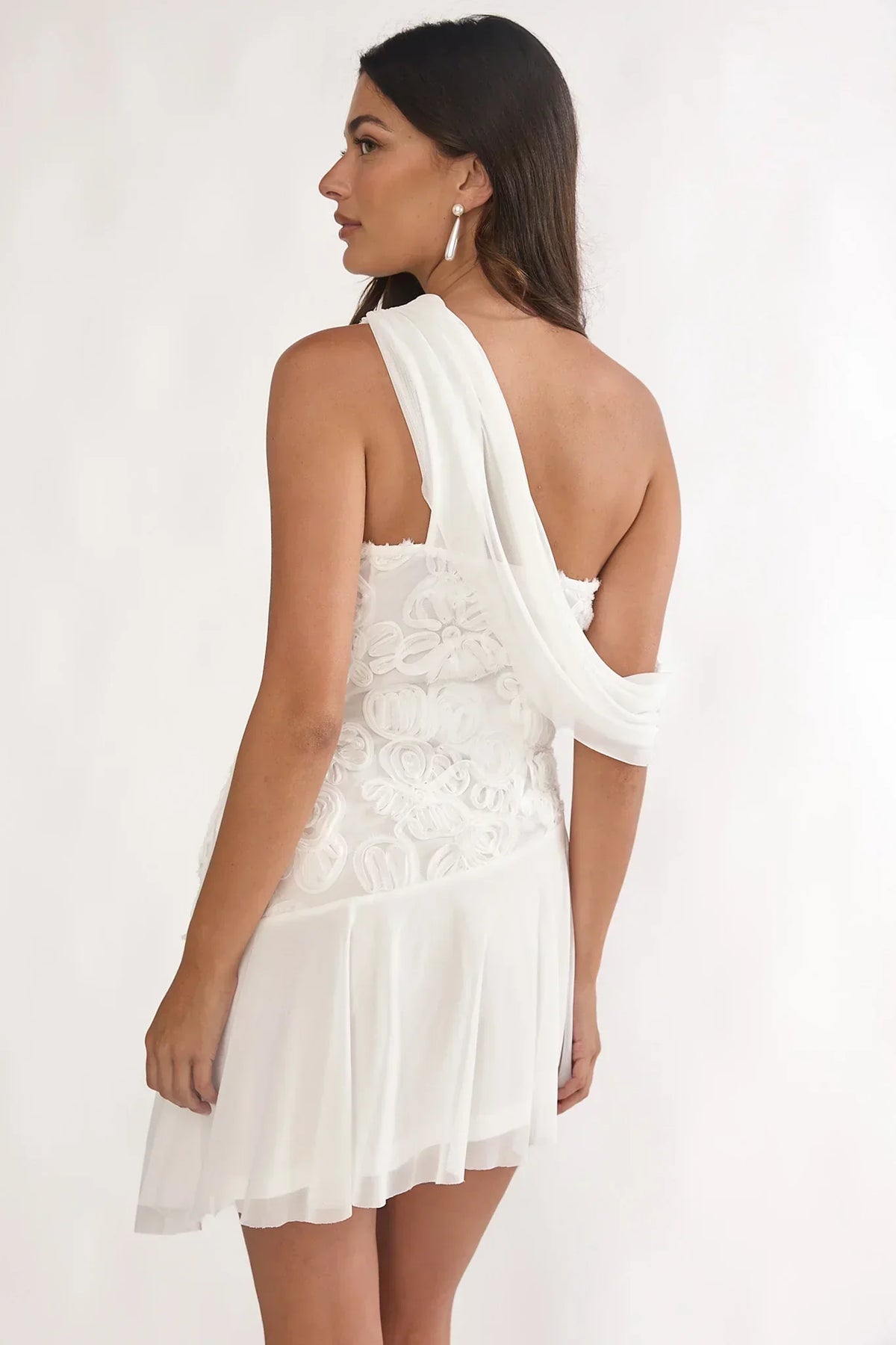 Anaisa Ein-Schulter-Minikleid mit Drapierung und Verzierungen Off-White