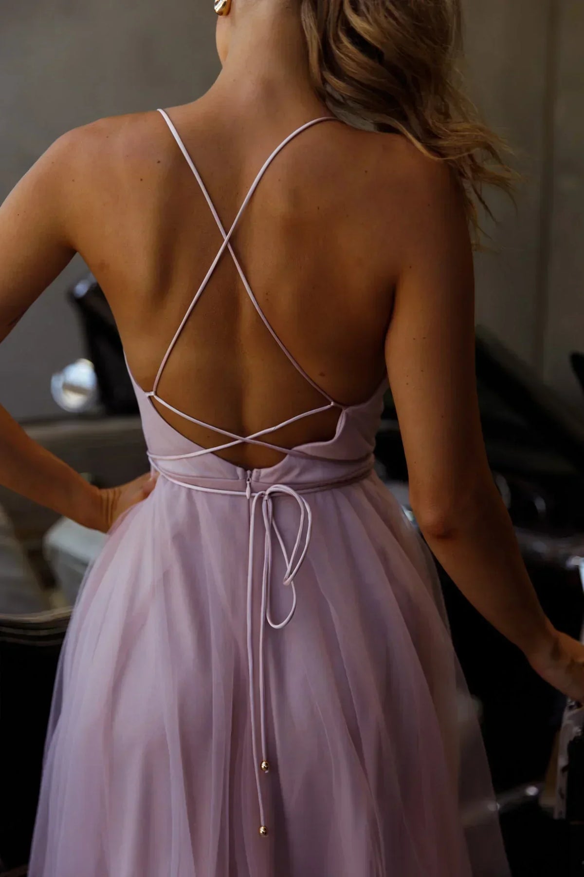 Floating By Pleated Neckline Mesh Midi Dress Blush