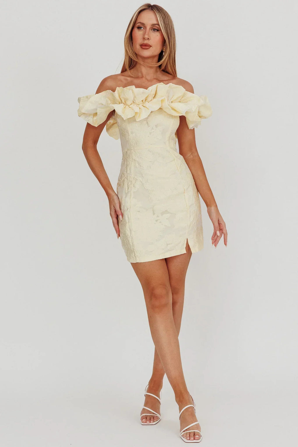 Memoire Off-Shoulder Jacquard Mini Dress Lemon
