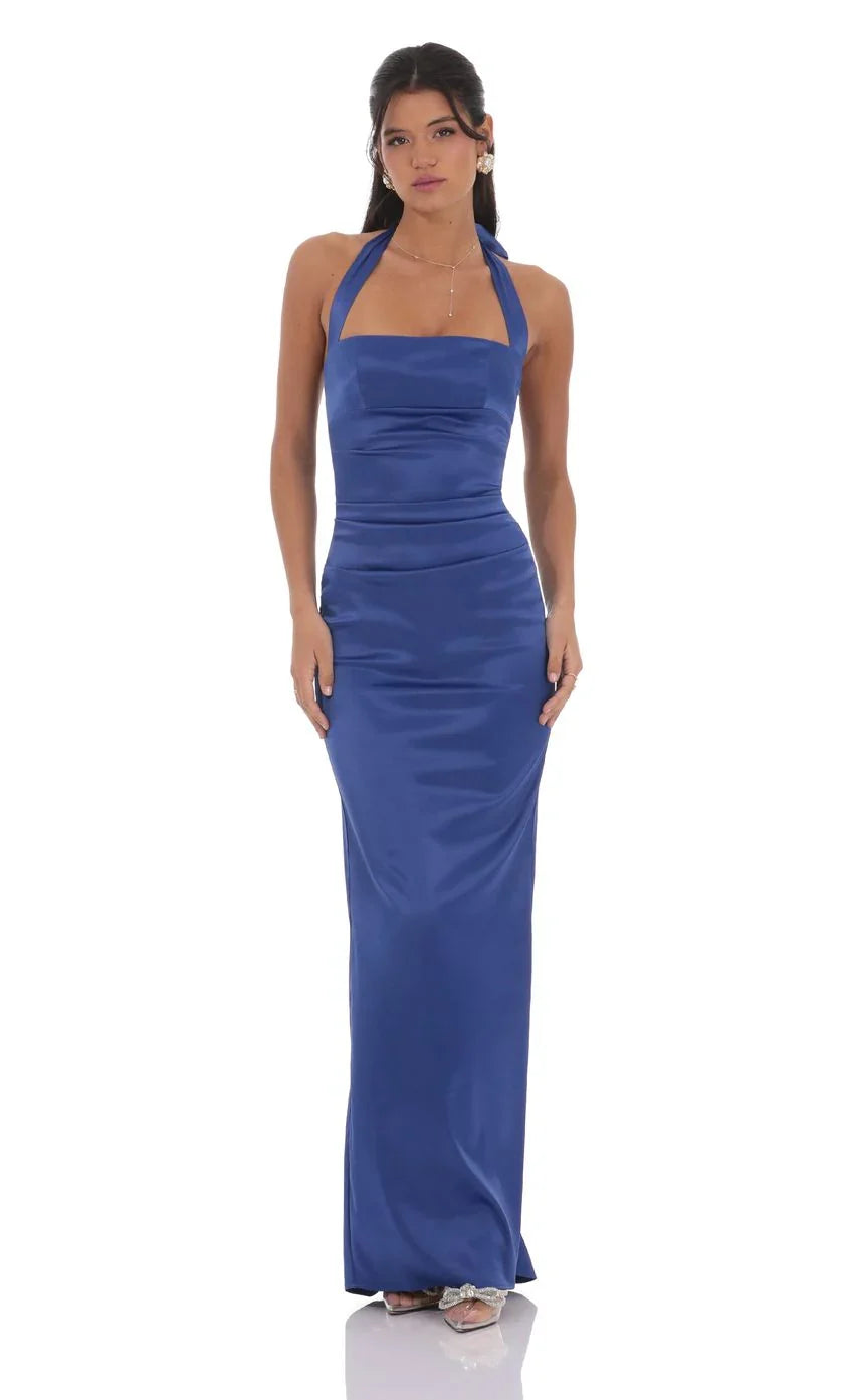 Satin-Neckholder-Maxikleid in Blau