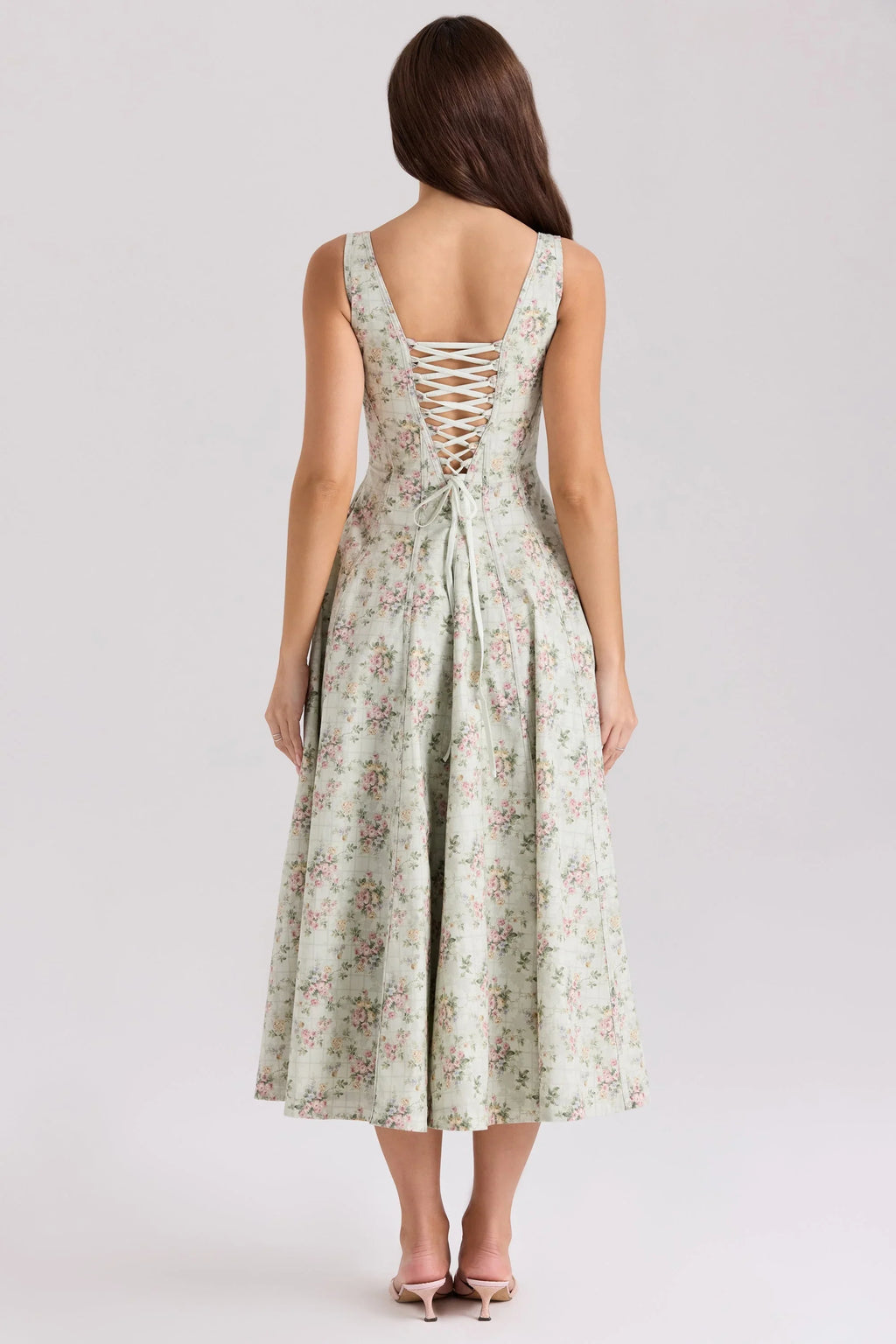 salbeigrünes Baumwoll-Midikleid mit Blumenmuster