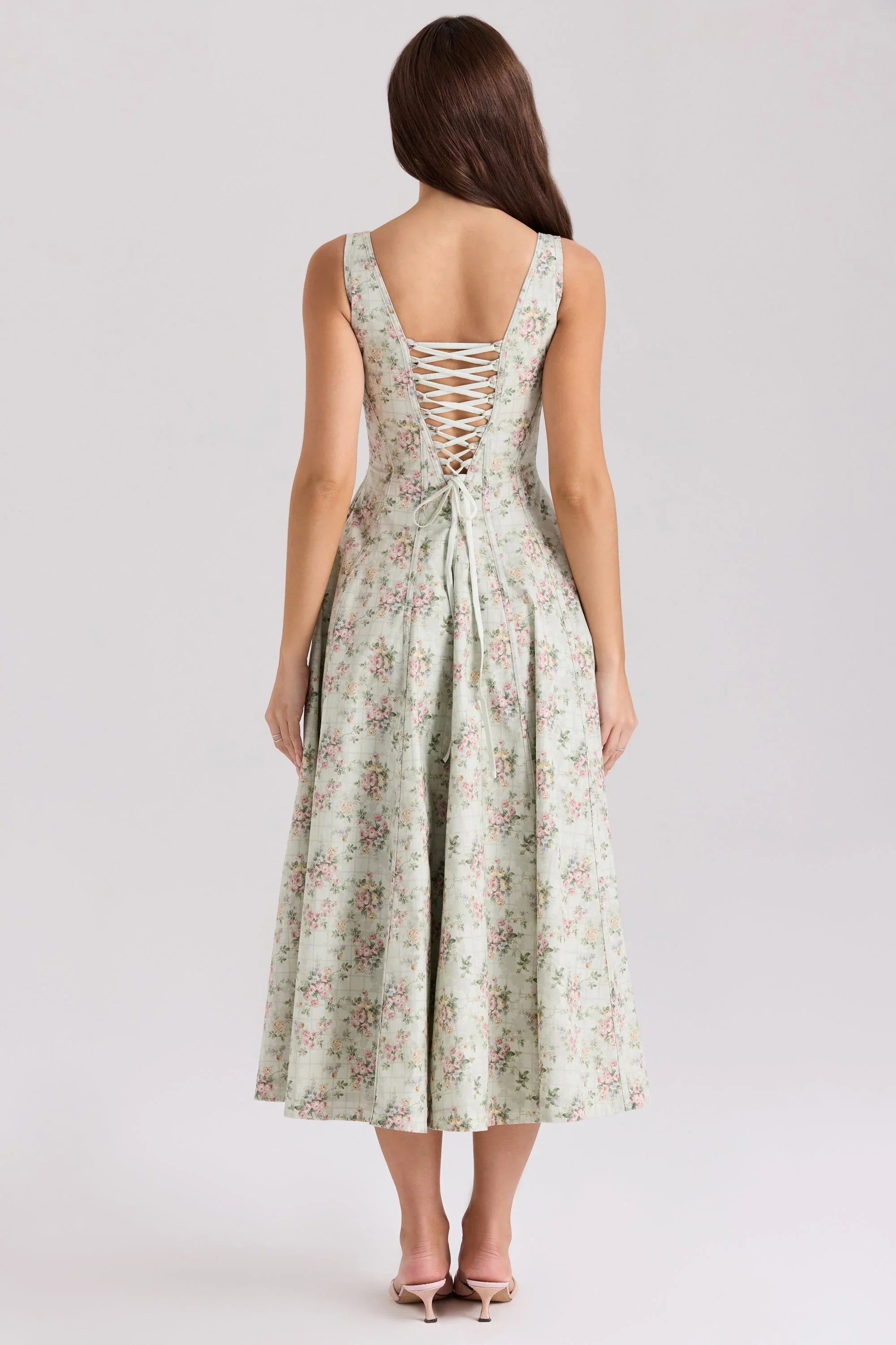 salbeigrünes Baumwoll-Midikleid mit Blumenmuster
