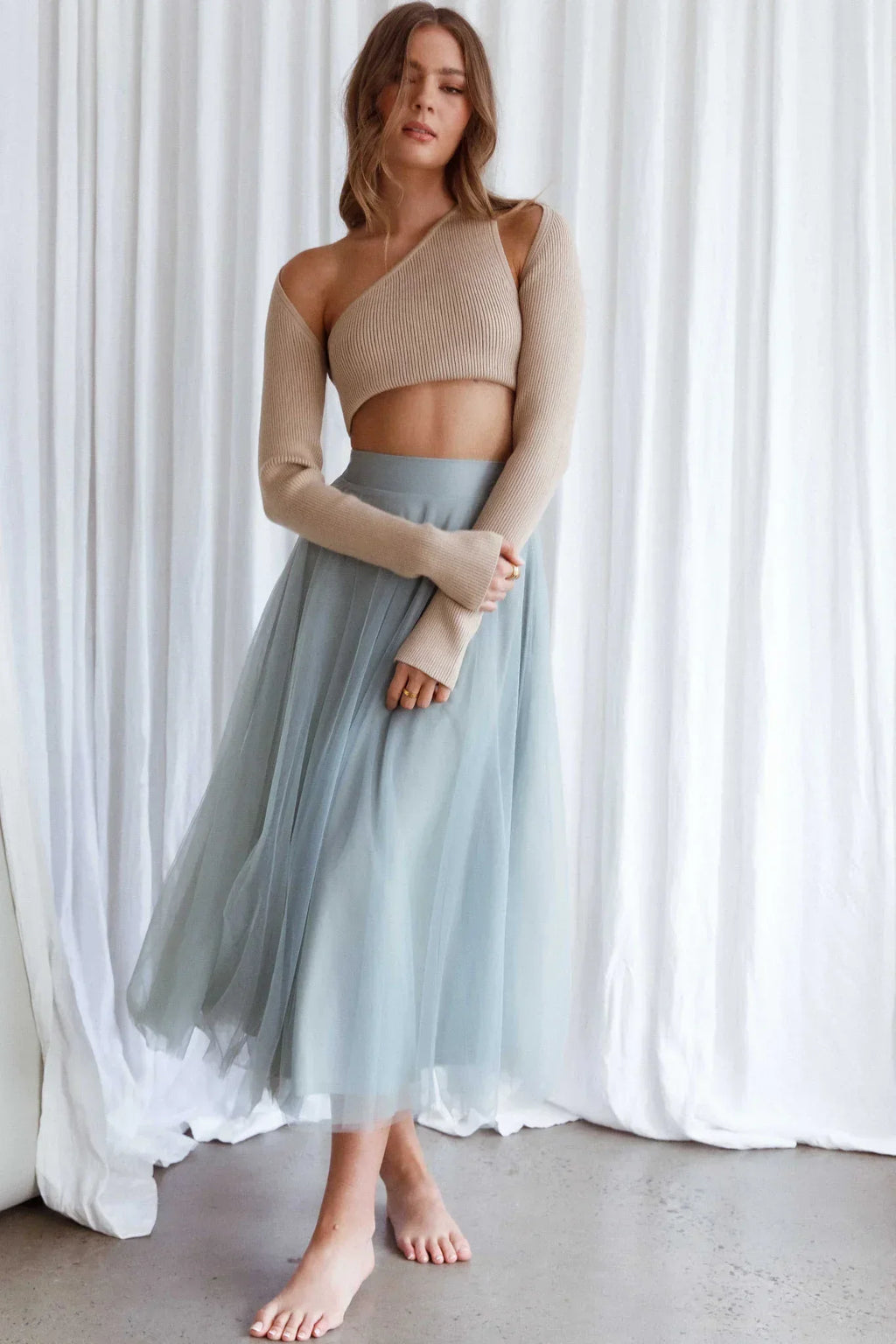 Jasmine Organza Mesh Midirock mit elastischem Bund Salbeigrün