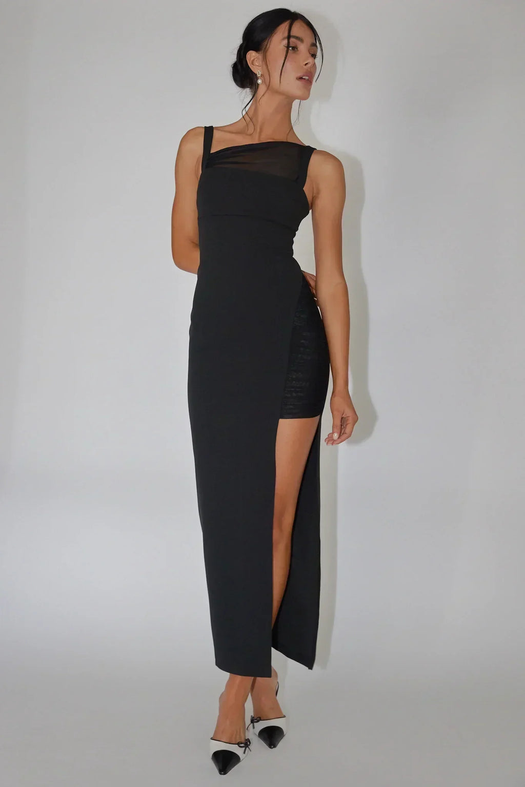 Zenya Split Ruched Midikleid Schwarz