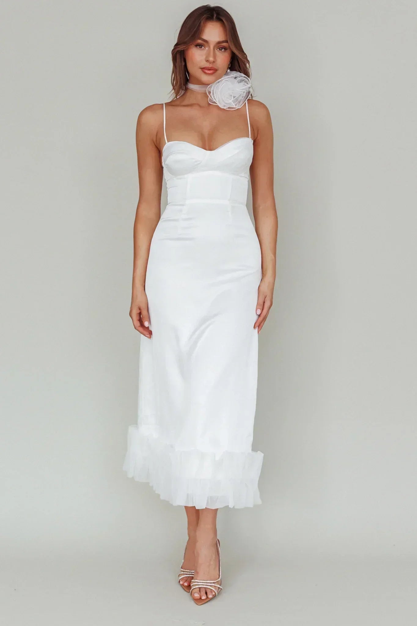 Buona Sera Saumdekoration Midi-Kleid Weiß