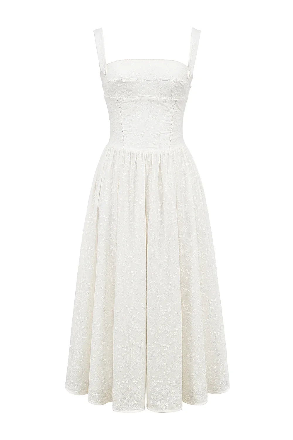 weißes Broderie-Anglaise-Midi-Sommerkleid
