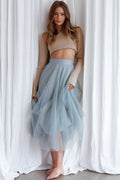 Jasmine Organza Mesh Midirock mit elastischem Bund Salbeigrün