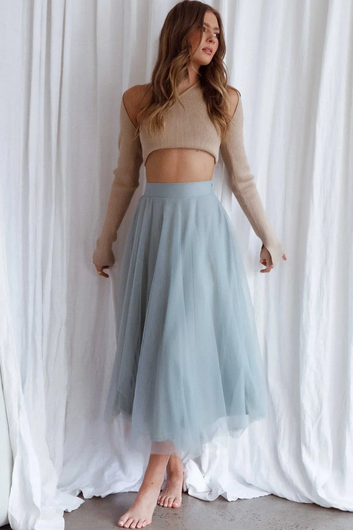 Jasmine Organza Mesh Midirock mit elastischem Bund Salbeigrün