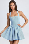 Neckholder-Korsett-Mikrominikleid in Hellblauem Stonewash