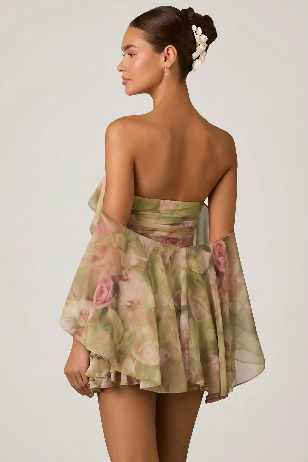 Off-Shoulder Ruffled Mini Dress in Floral Multi Print