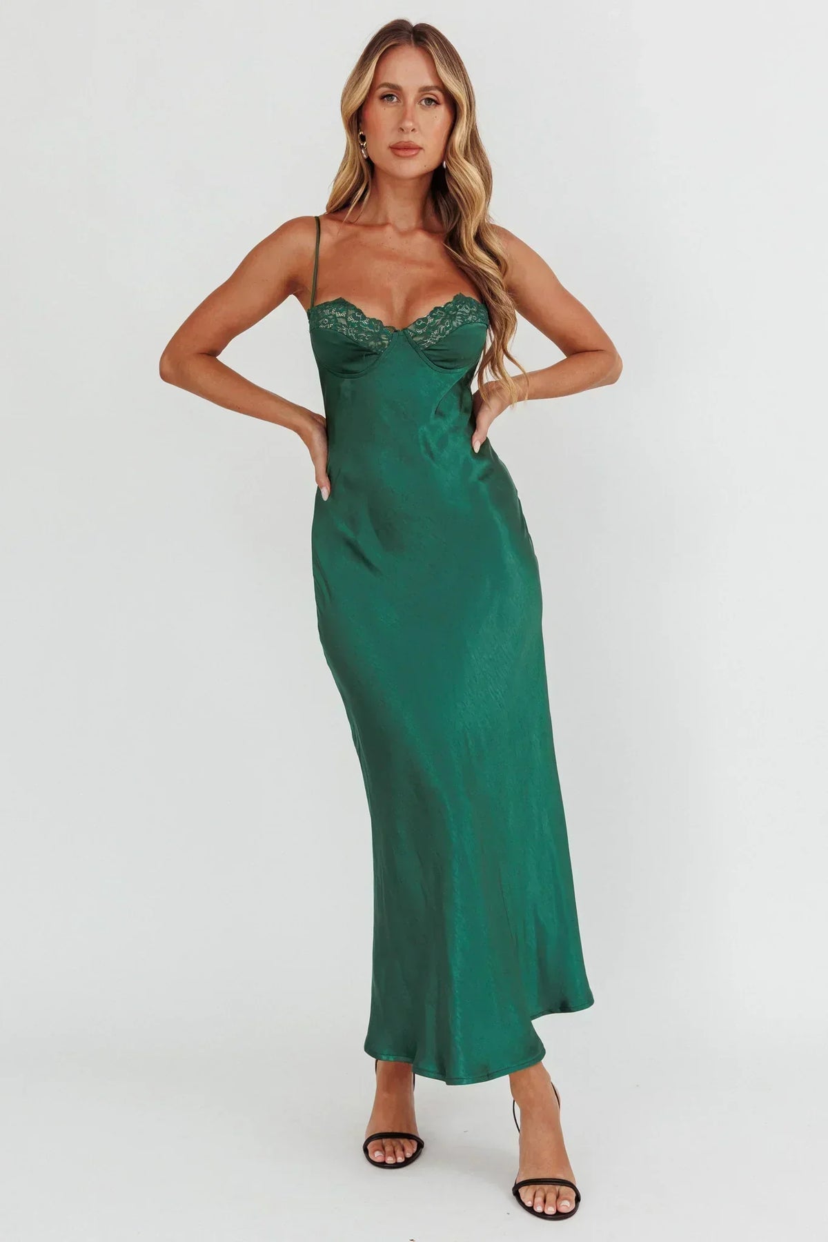 Inhibitions Spitzen-Bustier-Midikleid Waldgrün