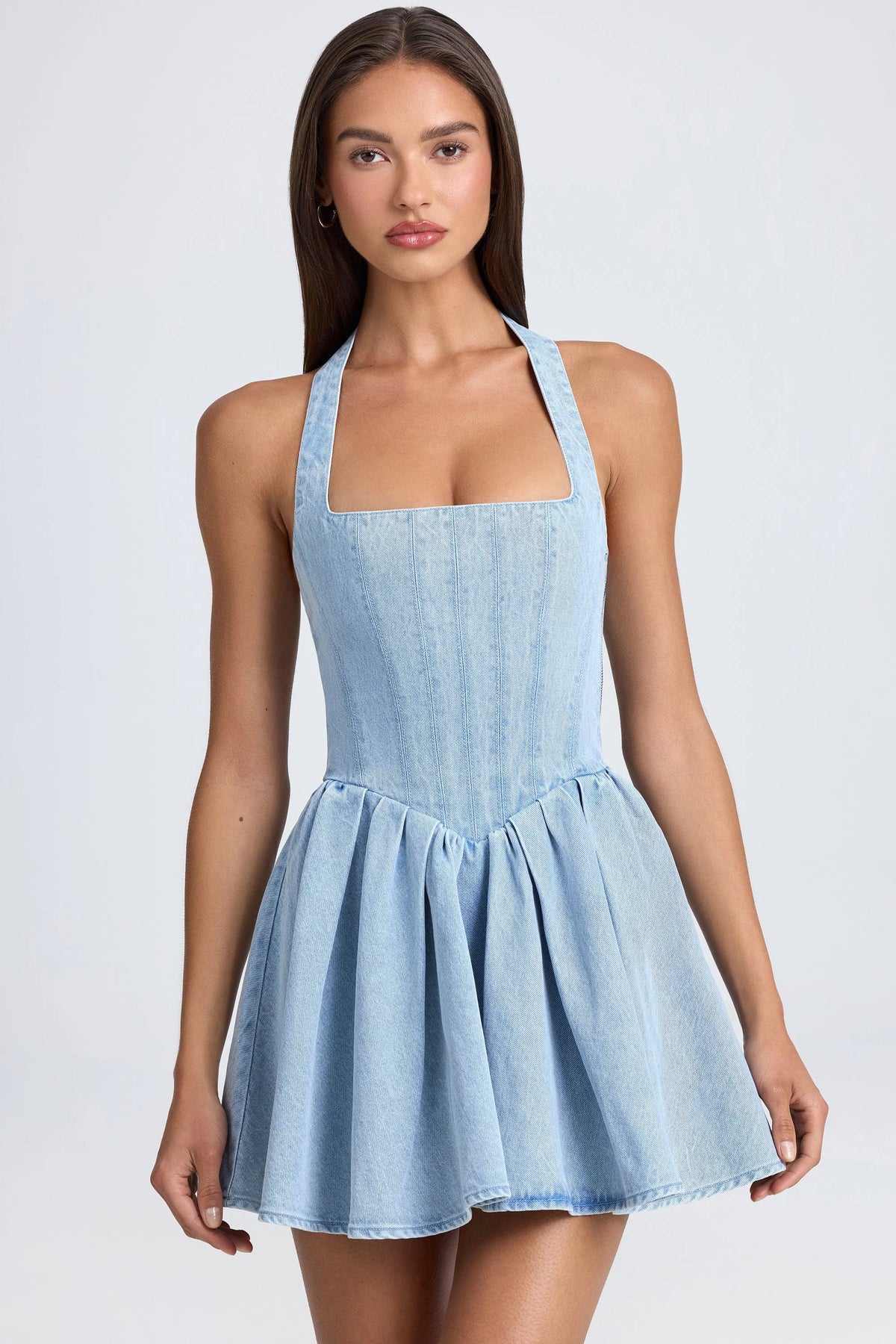 Neckholder-Korsett-Mikrominikleid in Hellblauem Stonewash