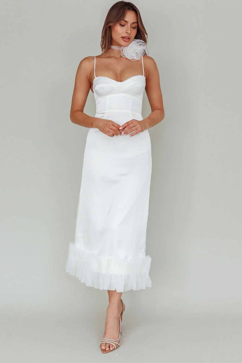 Buona Sera Saumdekoration Midi-Kleid Weiß