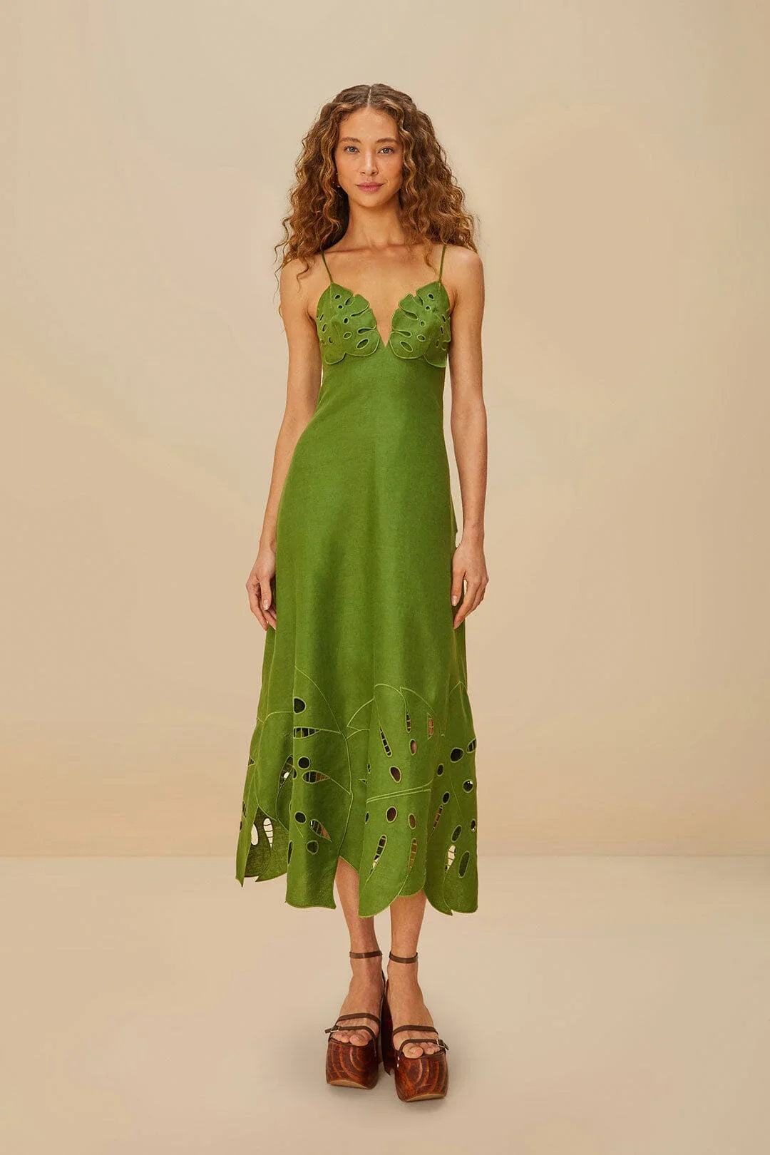 Grünes Monstera besticktes Midikleid