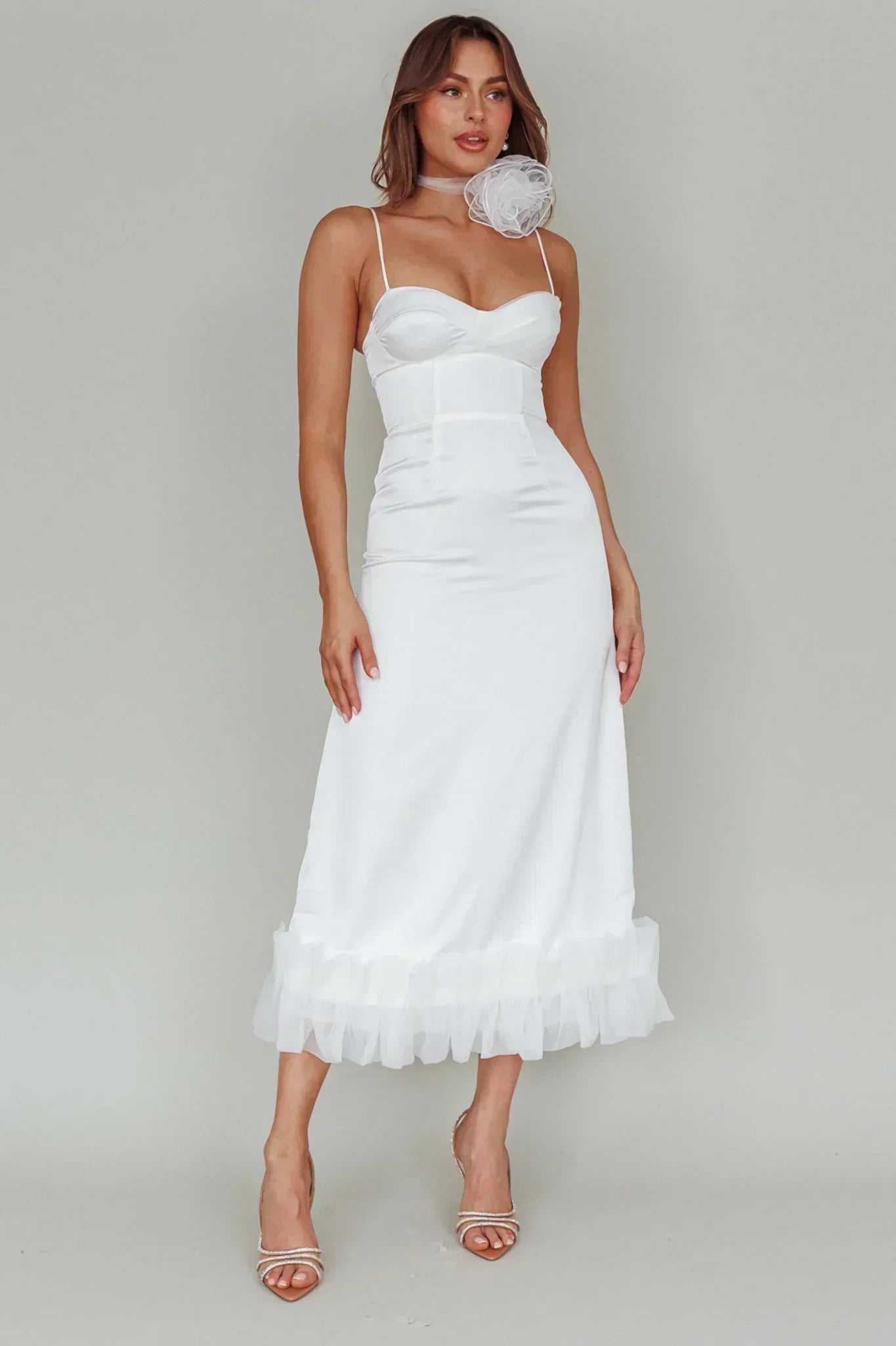 Buona Sera Saumdekoration Midi-Kleid Weiß