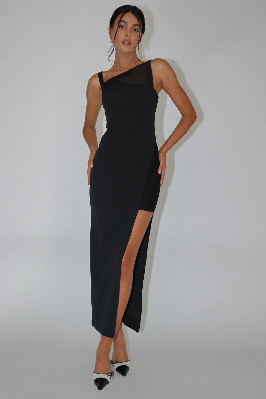 Zenya Split Ruched Midikleid Schwarz