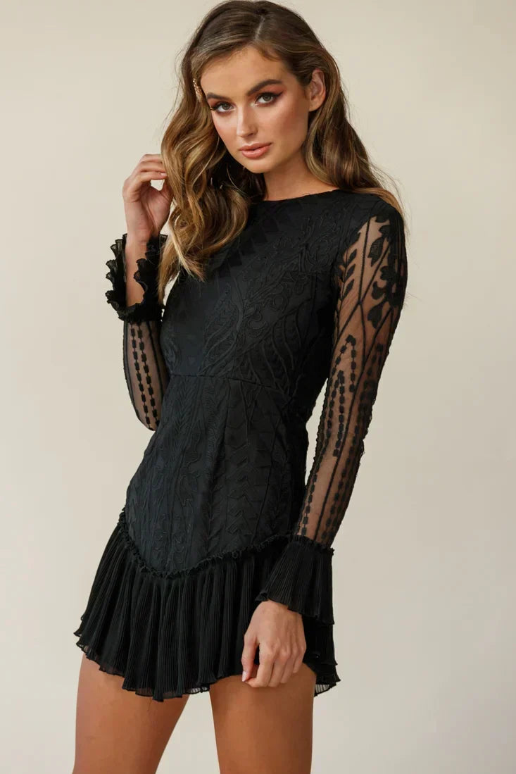 Verträumtes Langarm-Minikleid Schwarz