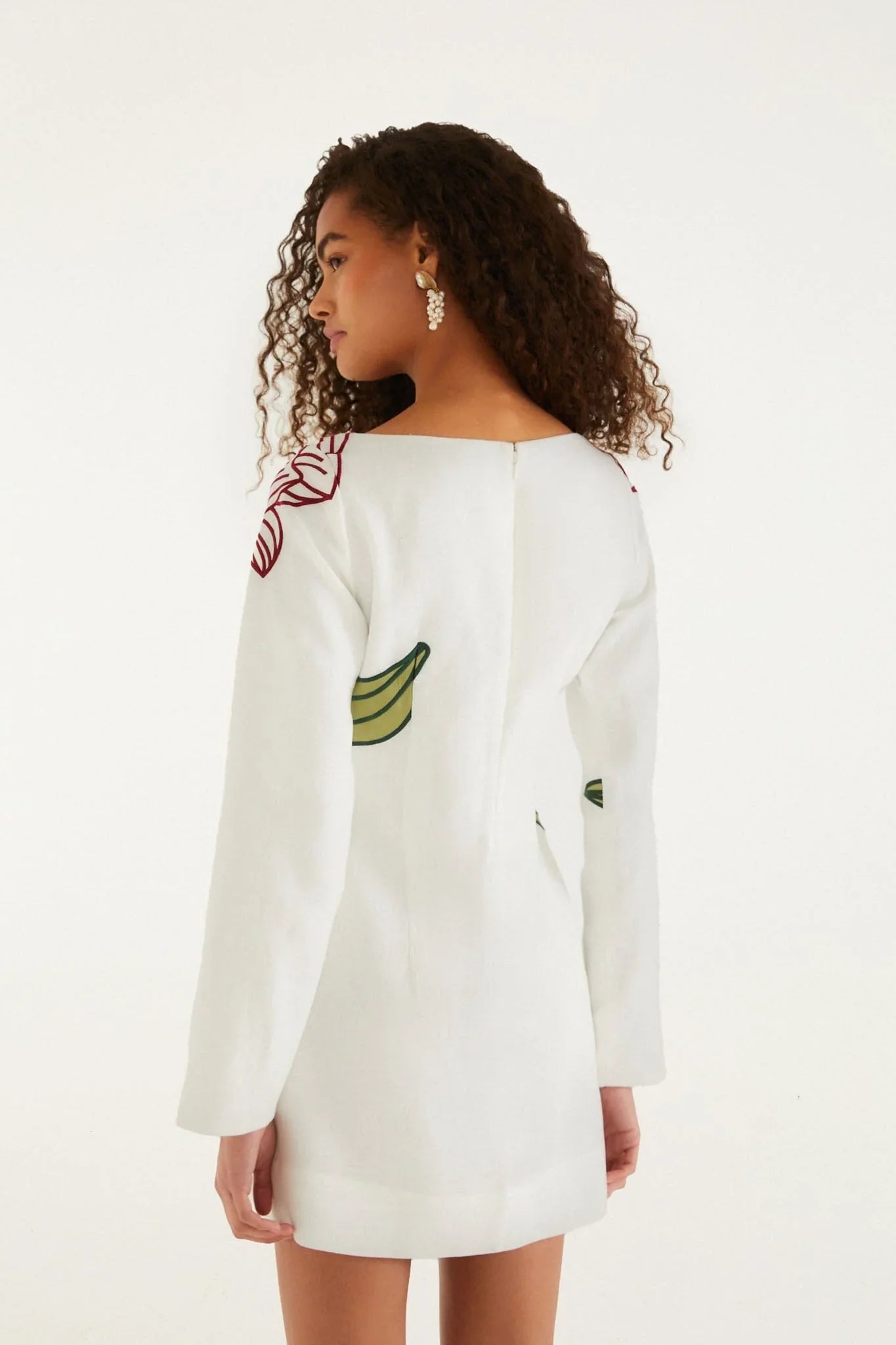Off-White Flower Embroidered Long Sleeve Mini Dress