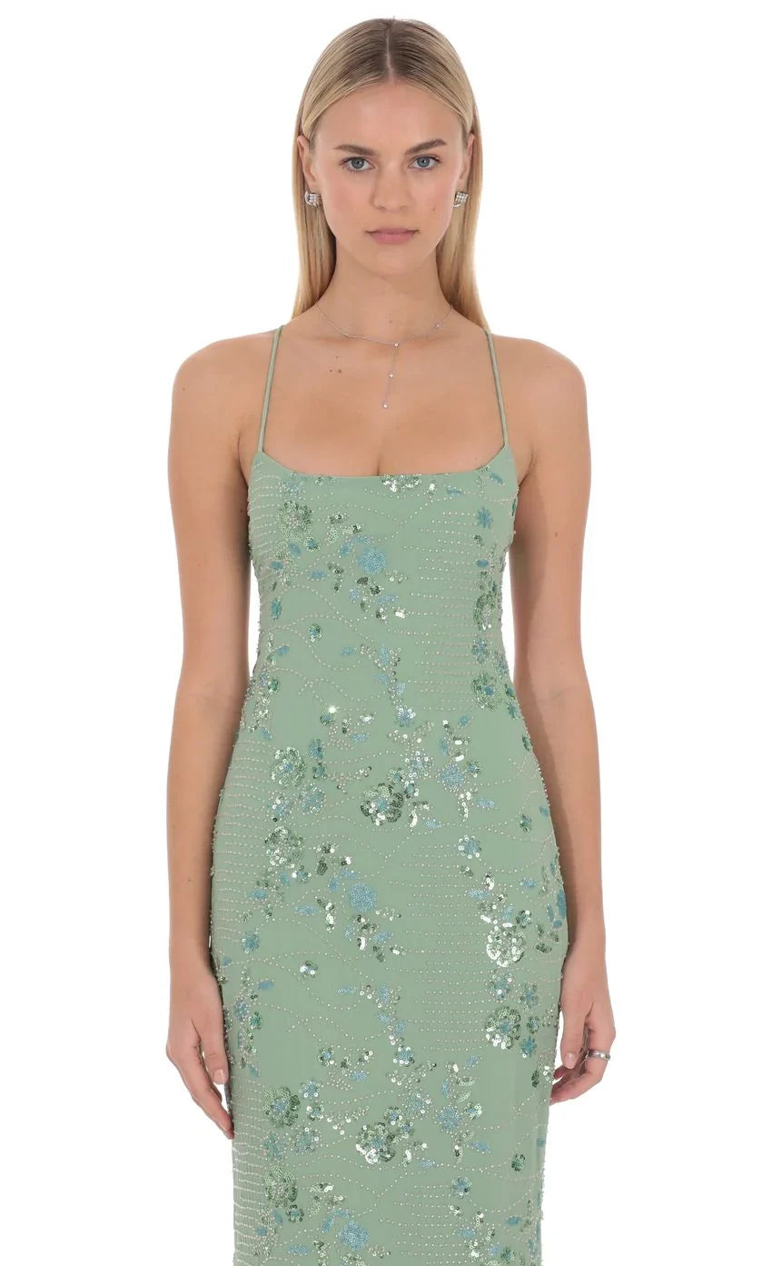 Lilia besticktes Maxikleid in Grün