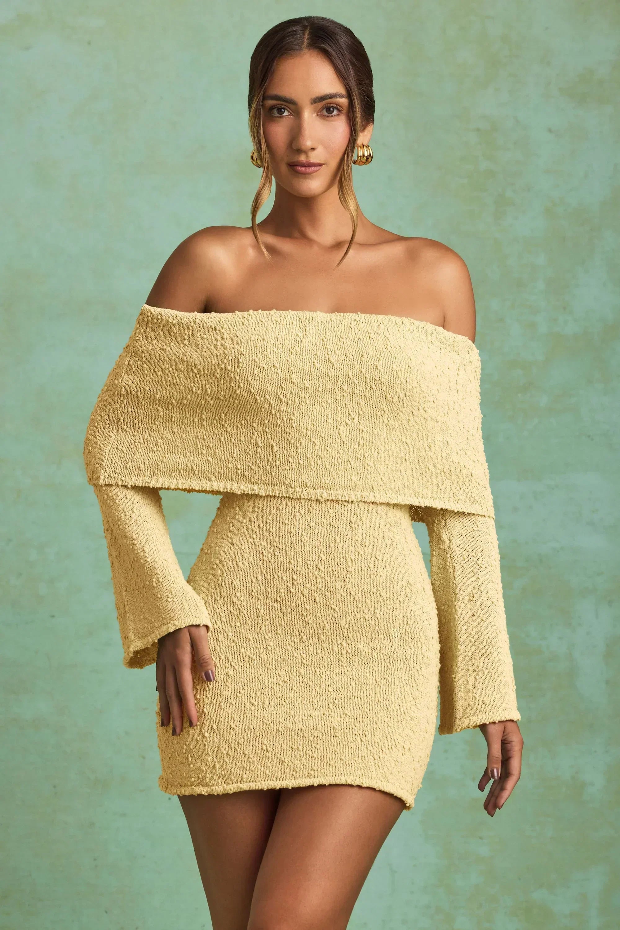 Bouclé-Off-Shoulder-Minikleid in Gelb