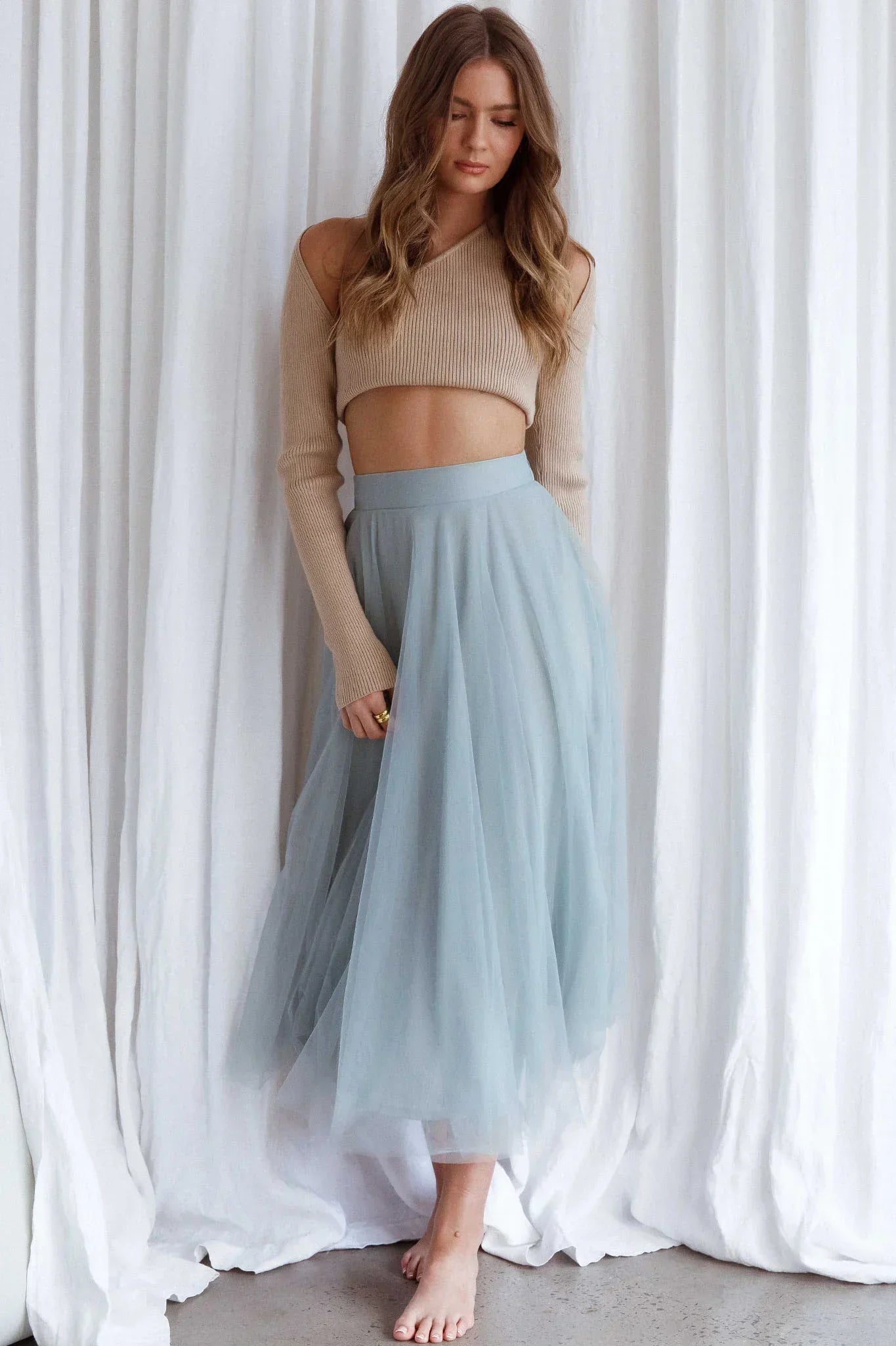 Jasmine Organza Mesh Midirock mit elastischem Bund Salbeigrün