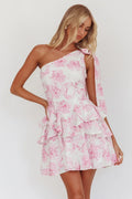 Like Me Einteiliges schulterfreies, drapiertes Minikleid mit Blumenmuster Rosa