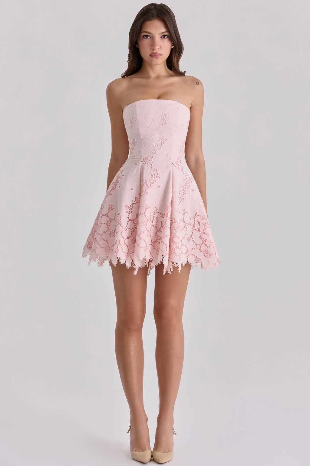 pink strapless cut out broderie anglaise mini dress