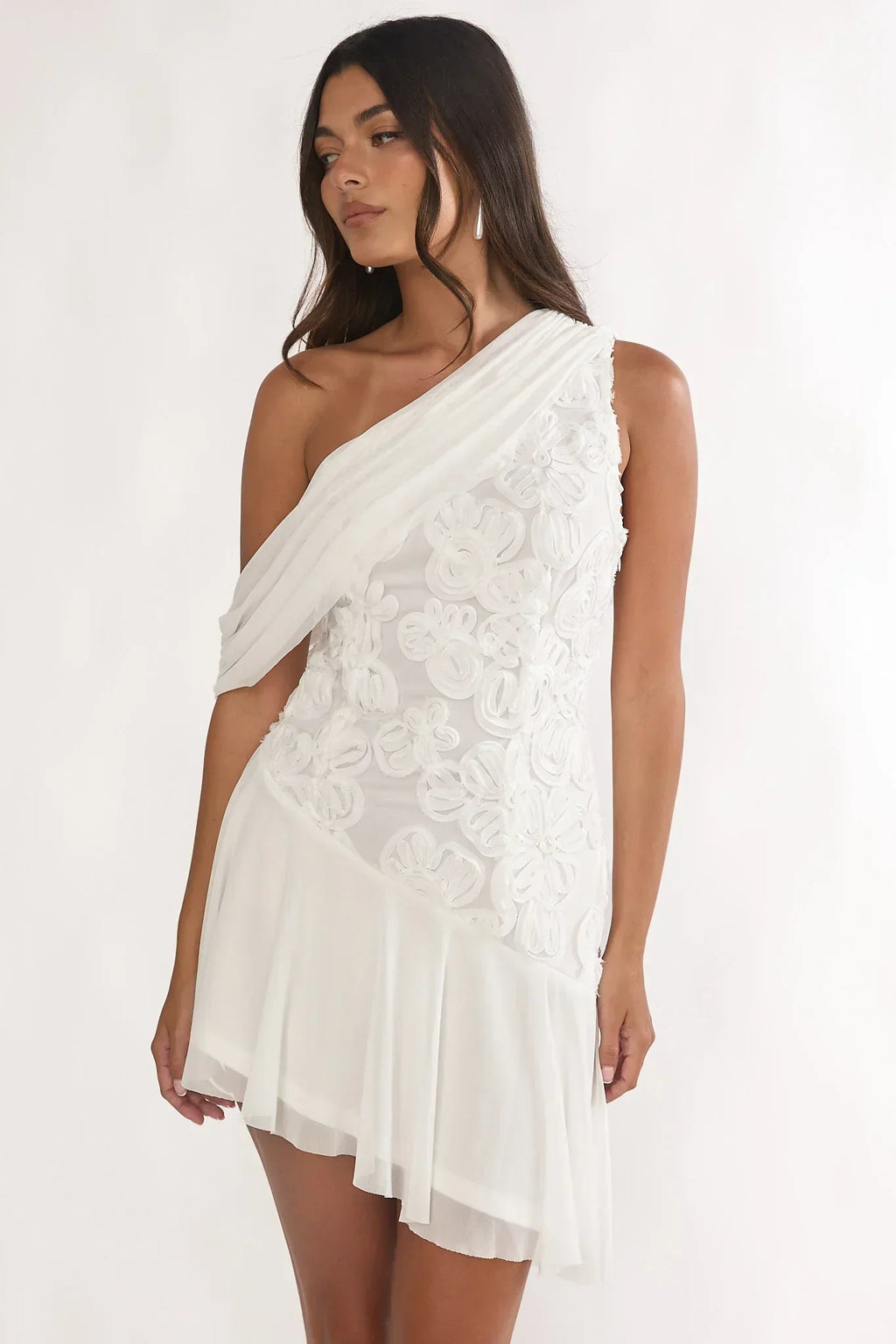 Anaisa Ein-Schulter-Minikleid mit Drapierung und Verzierungen Off-White