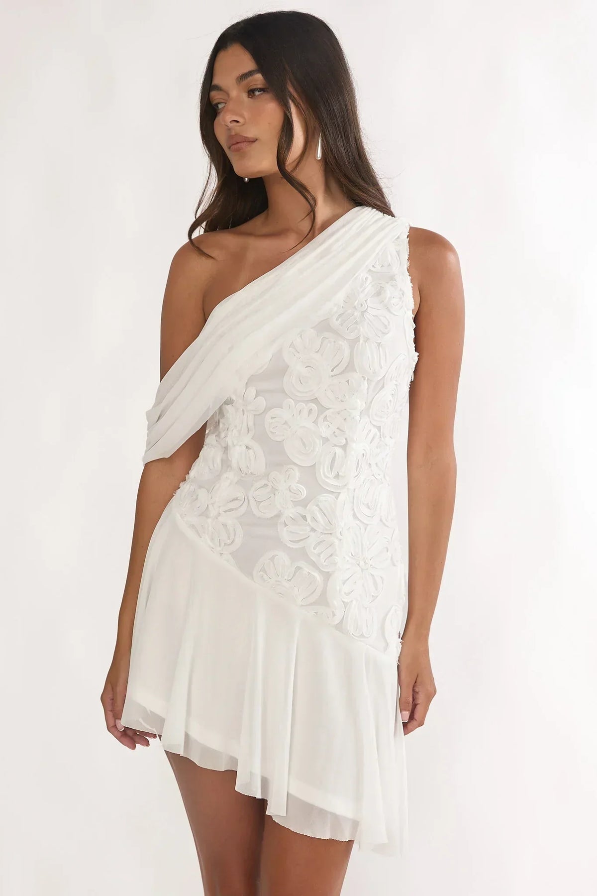 Anaisa Ein-Schulter-Minikleid mit Drapierung und Verzierungen Off-White