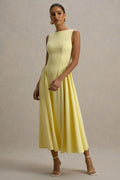 Muriel | Zitronengelbes Midi-Kleid mit U-Boot-Ausschnitt und voluminösem Saum