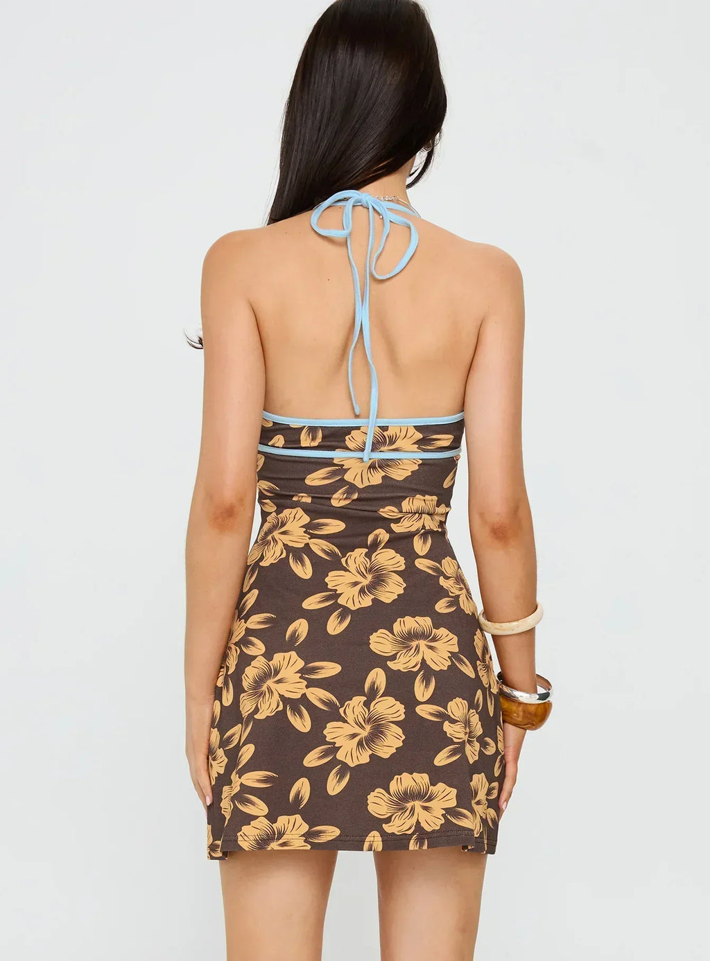 Mishie Halter Minikleid Braun / Blau Blumenmuster