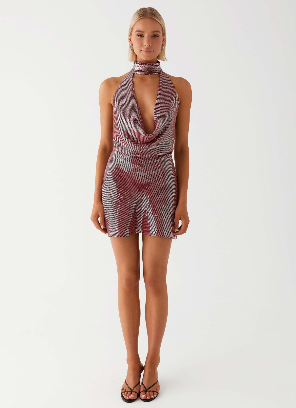 Nora Pailletten-Minikleid mit Wasserfallausschnitt – Rot