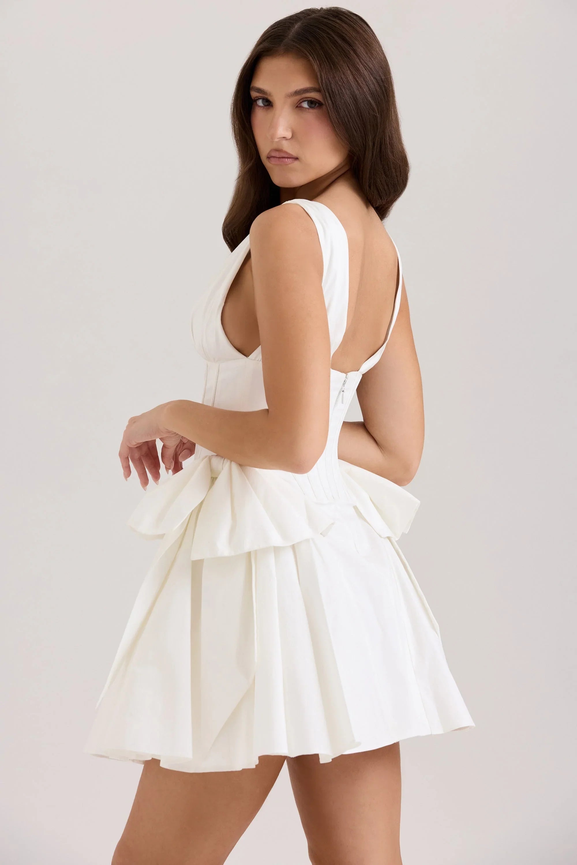 weißes Stretch-Baumwoll-Kleid mit Schleife