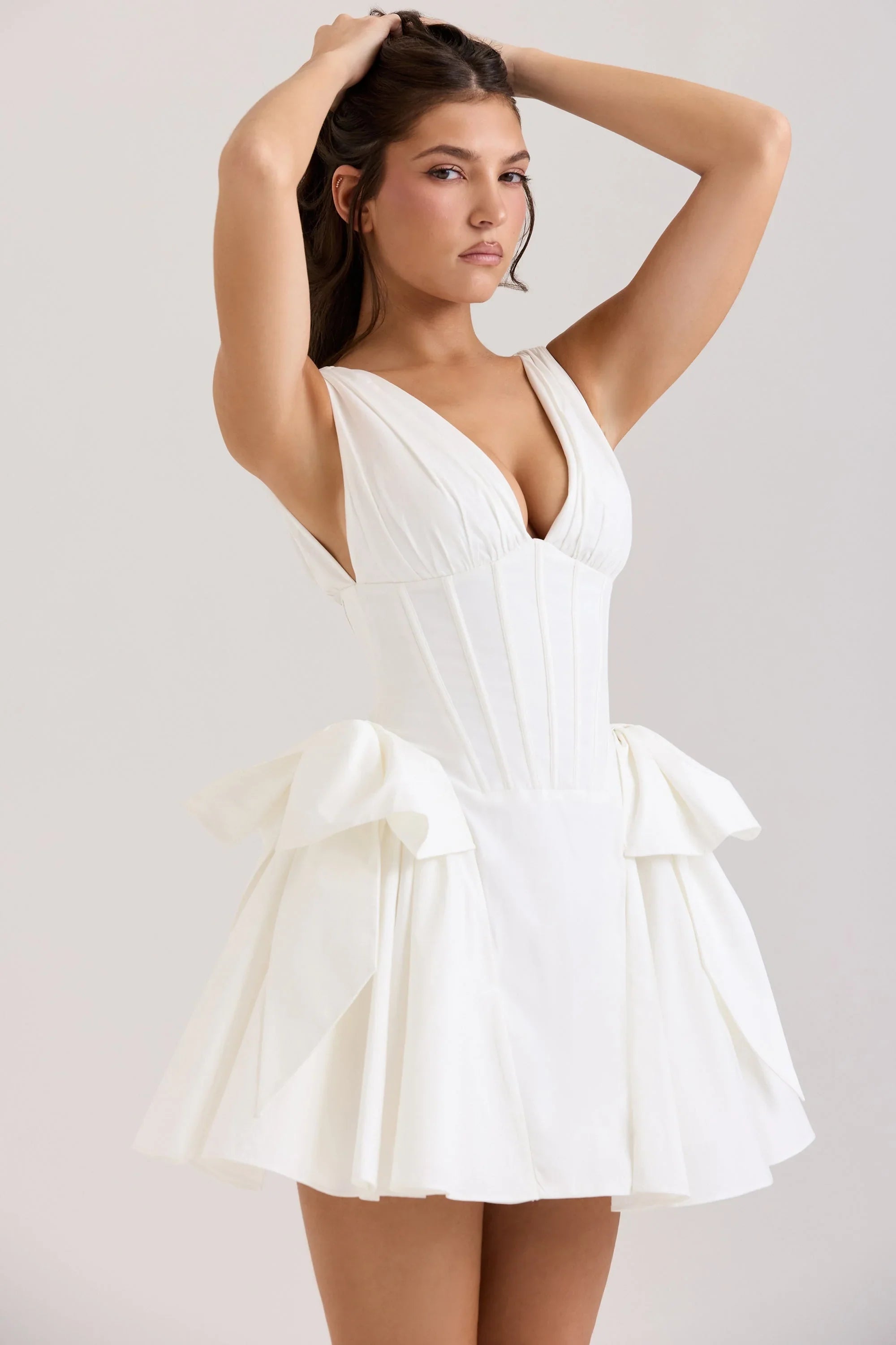 weißes Stretch-Baumwoll-Kleid mit Schleife