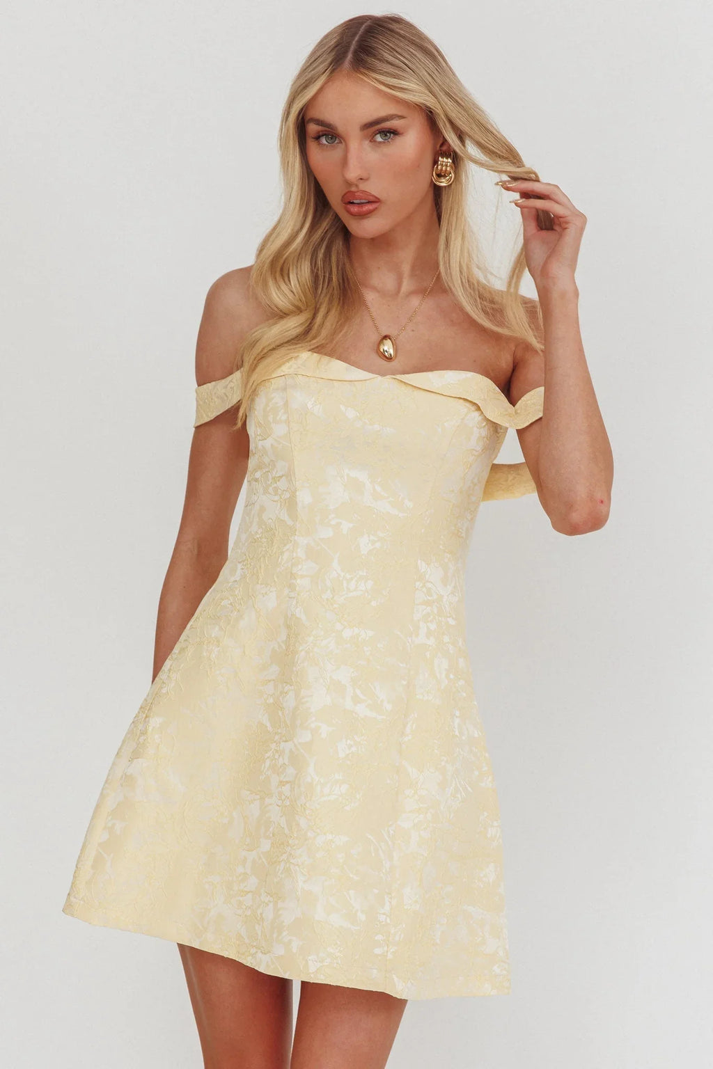 Mikado Off-Shoulder Foldover Minikleid Jacquard Butter