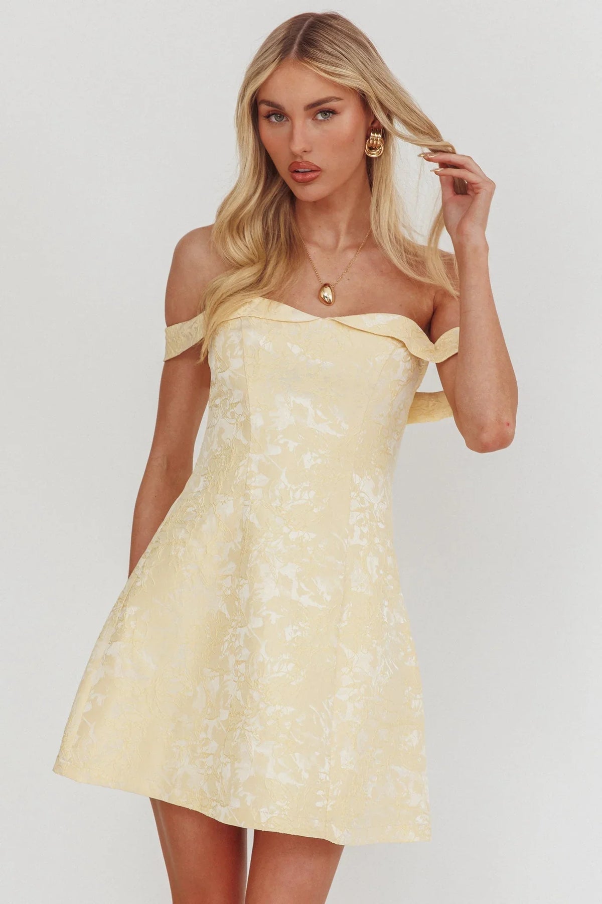 Mikado Off-Shoulder Foldover Minikleid Jacquard Butter