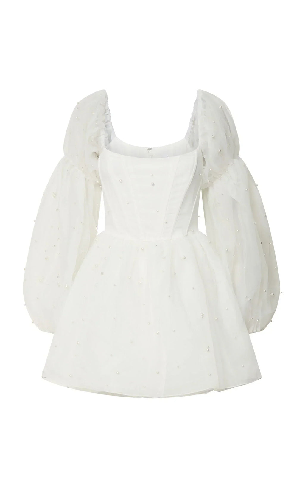 Ingrid Mini Dress – Minikleid mit langen Puffärmeln und Perlen-Details in Weiß