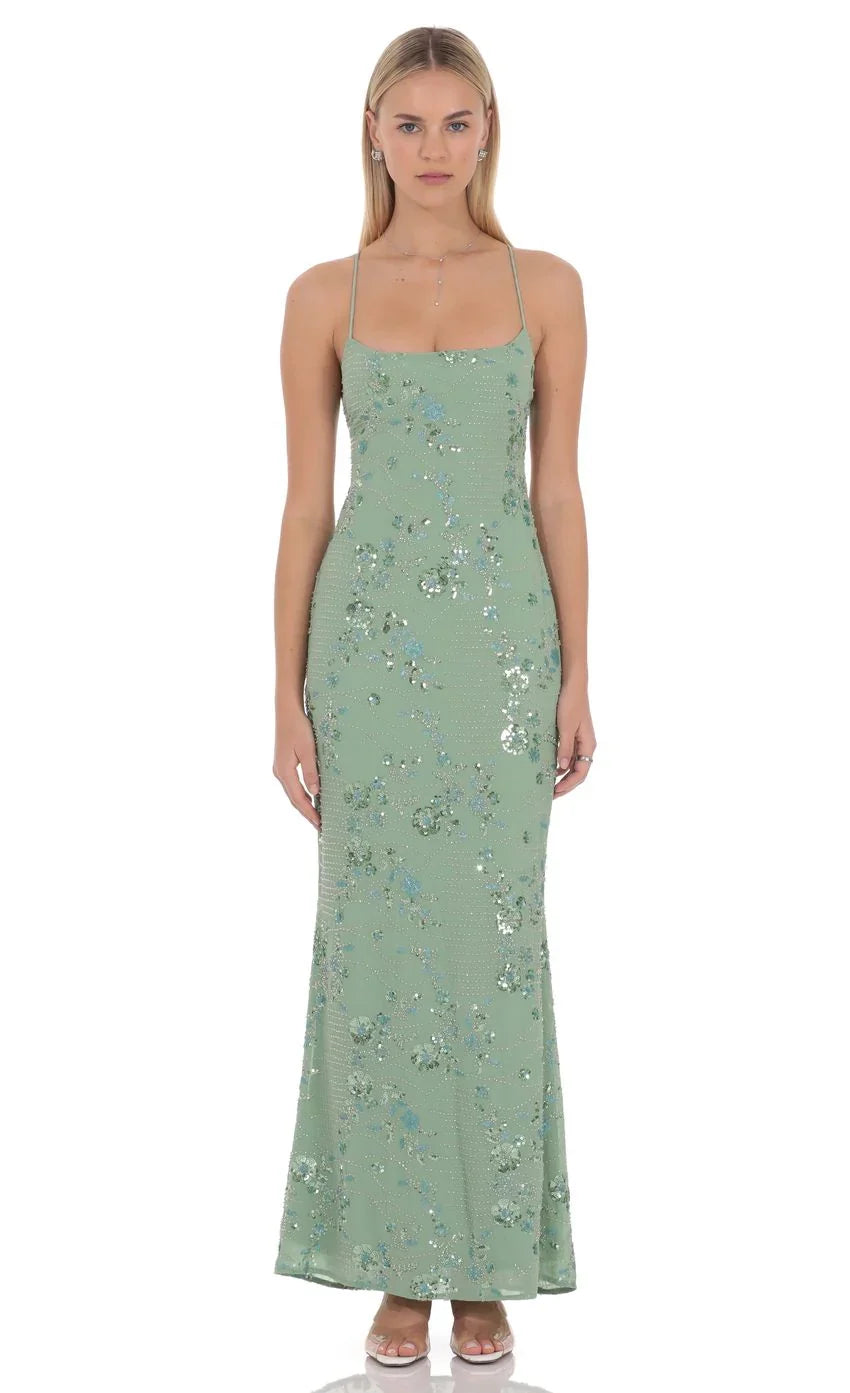 Lilia besticktes Maxikleid in Grün