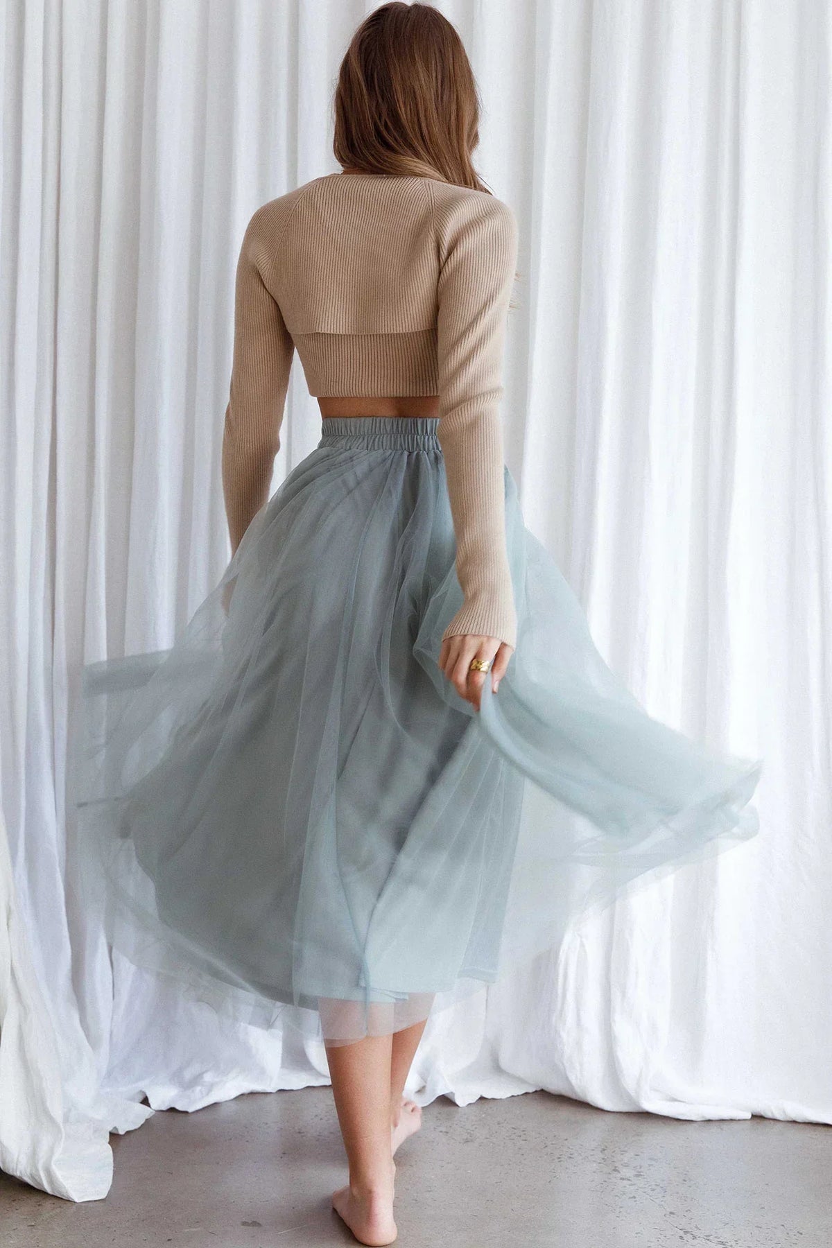Jasmine Organza Mesh Midirock mit elastischem Bund Salbeigrün