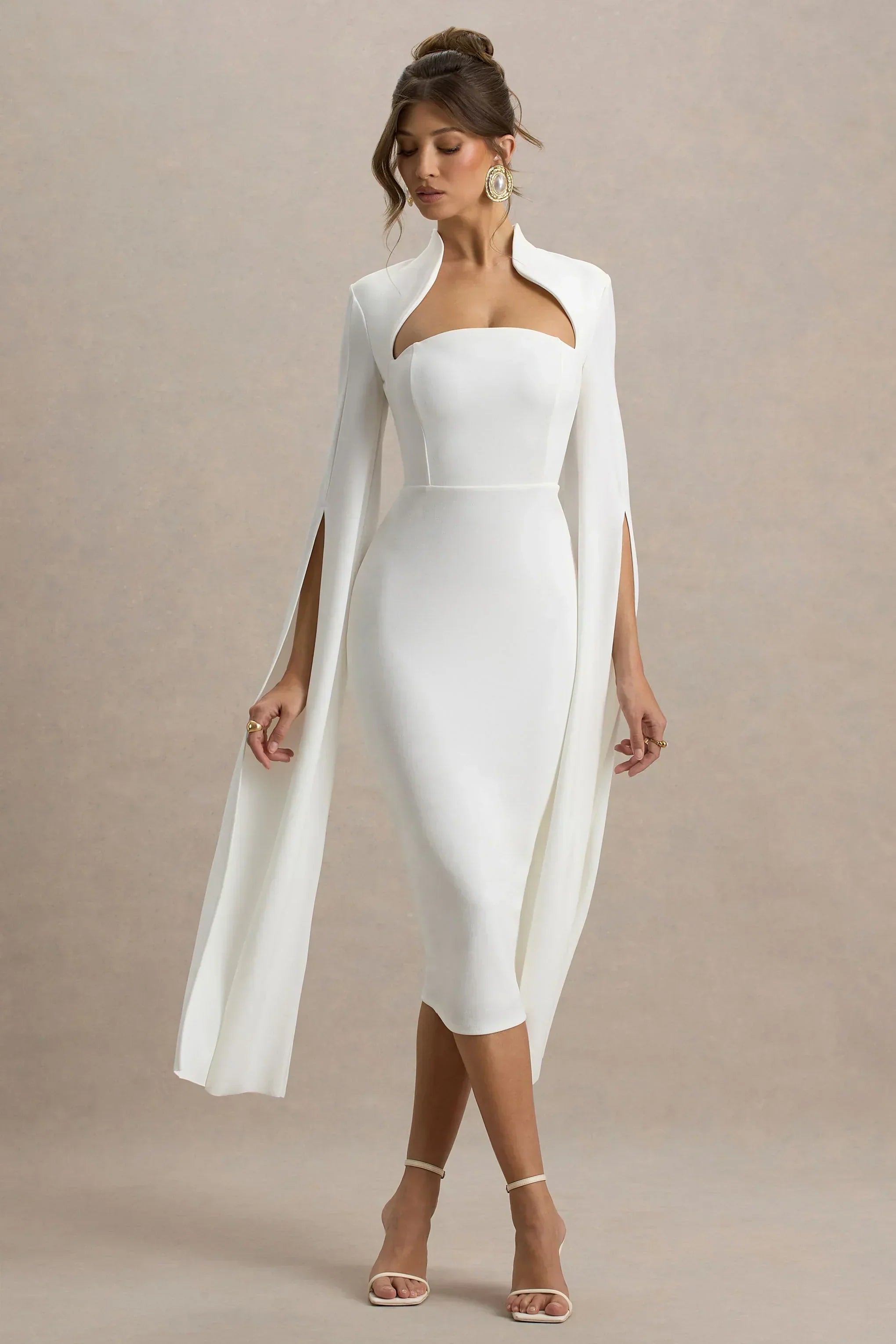 Linden | Weißes figurbetontes Cape-Ärmel Midikleid