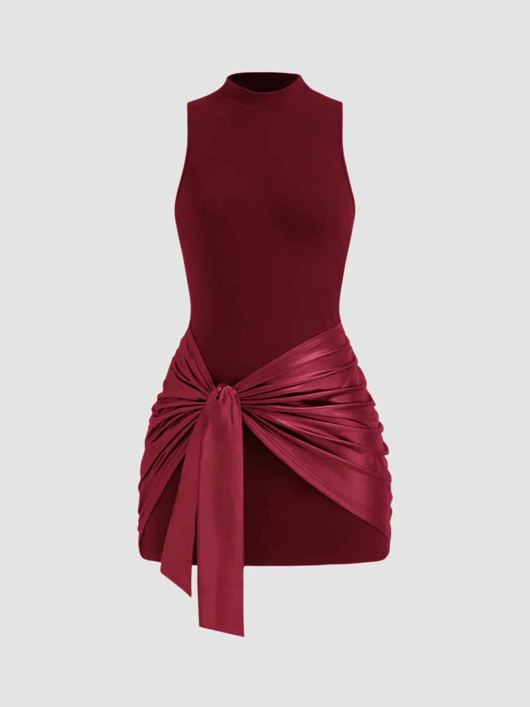 Hochgeschlossenes, gerafftes Mini-Kleid mit Knoten