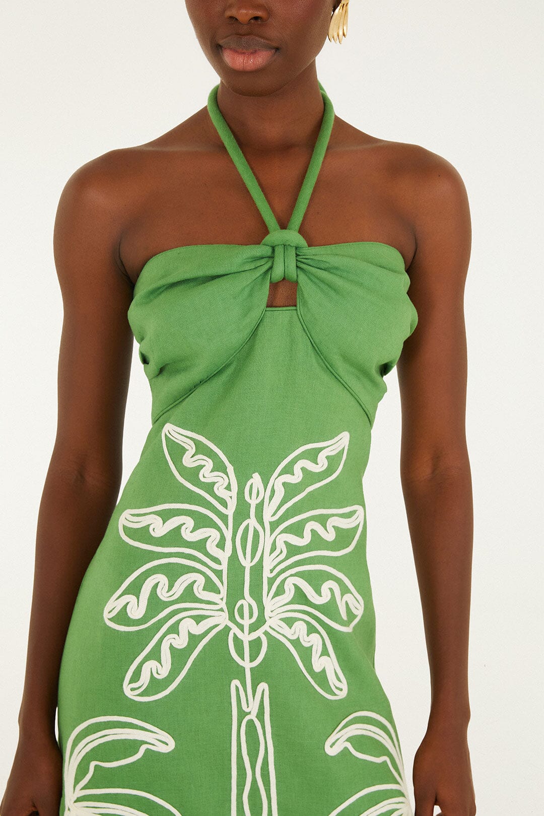 Grünes, besticktes Neckholder-Midikleid mit Palme