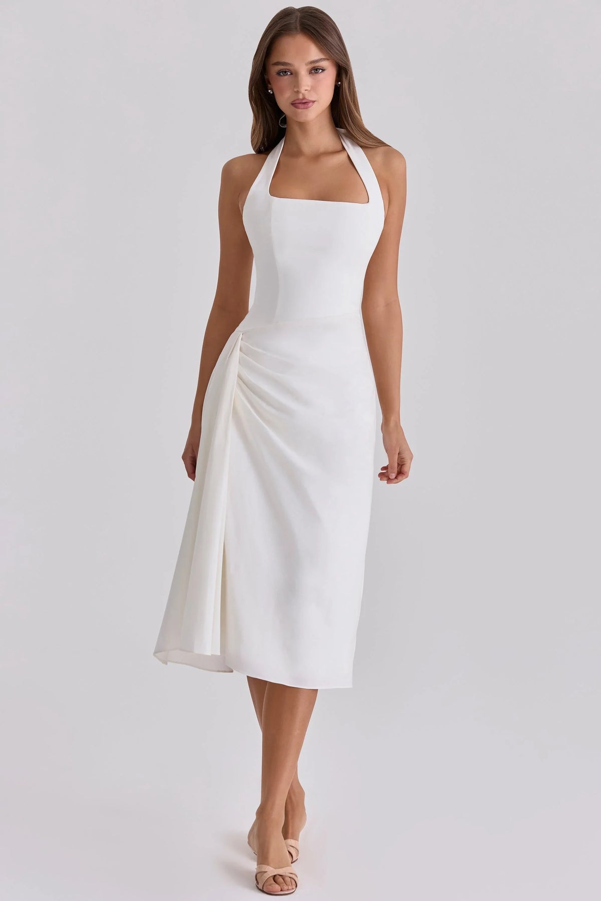 weißes Neckholder-Midikleid aus Baumwolle