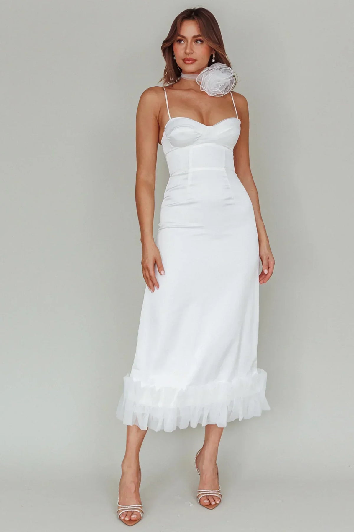 Buona Sera Saumdekoration Midi-Kleid Weiß