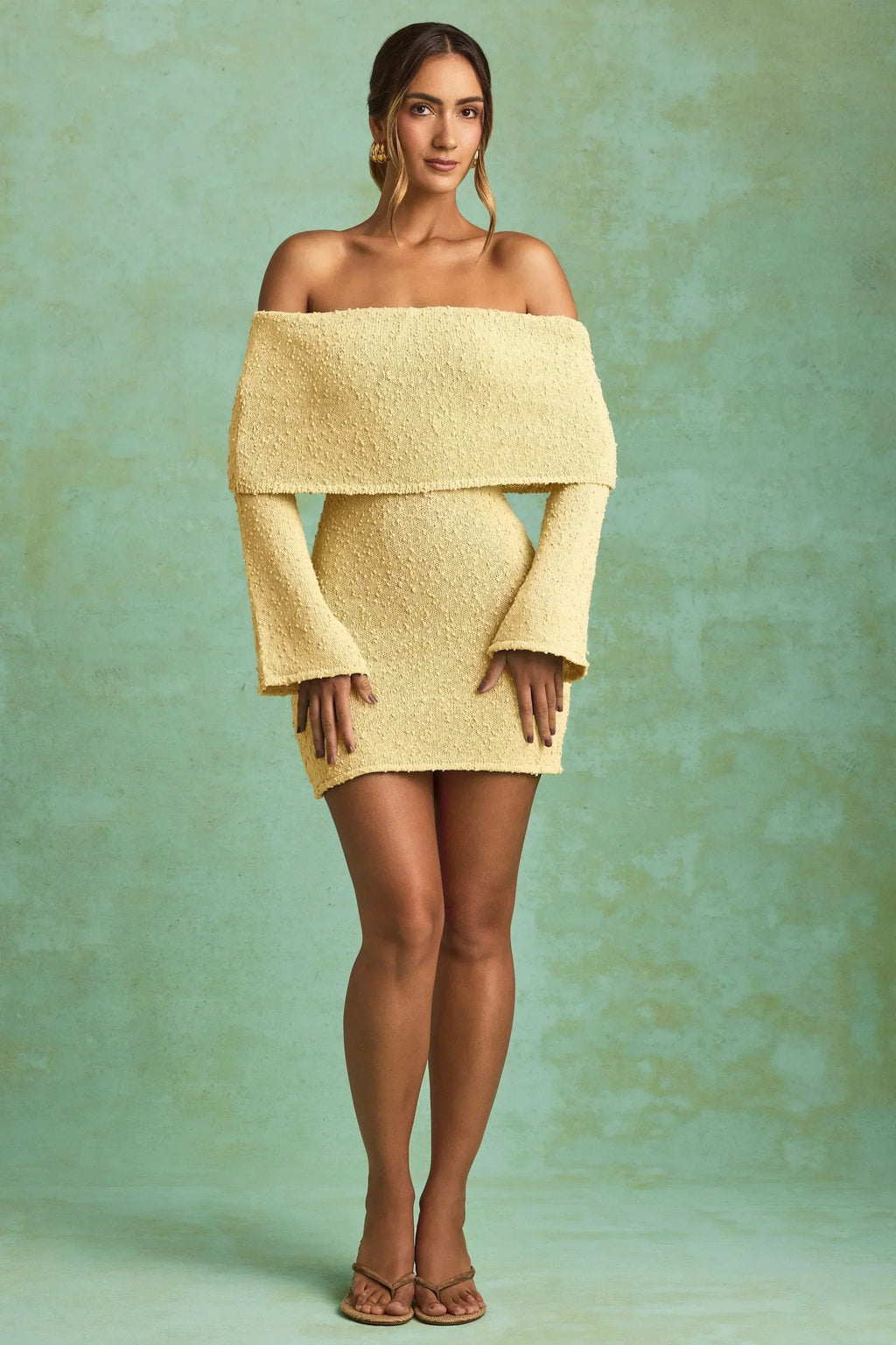 Bouclé-Off-Shoulder-Minikleid in Gelb